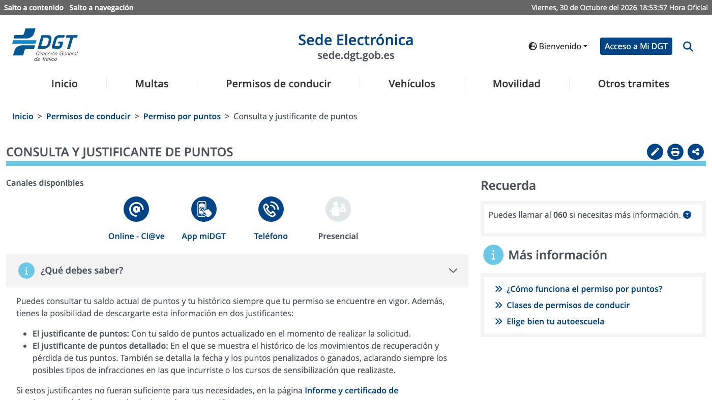 Página de consulta de puntos en la sede electrónica de la DGT