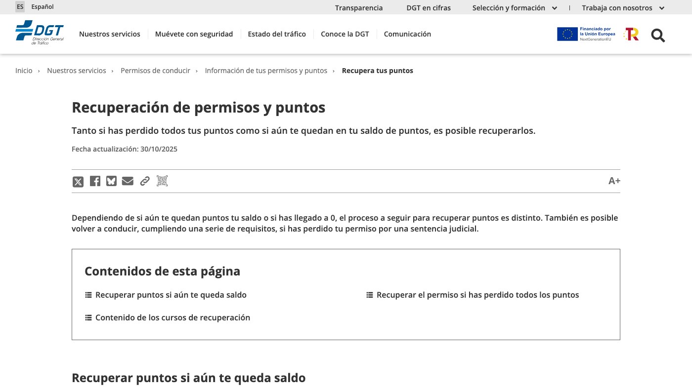 Página de la DGT sobre recuperación de puntos