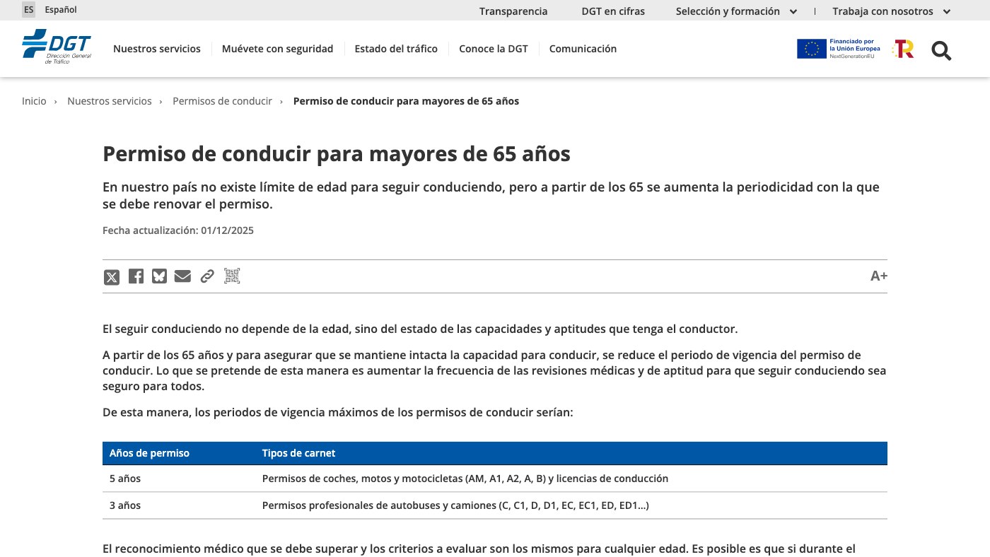 Página de la DGT sobre el permiso de conducir para mayores de 65 años