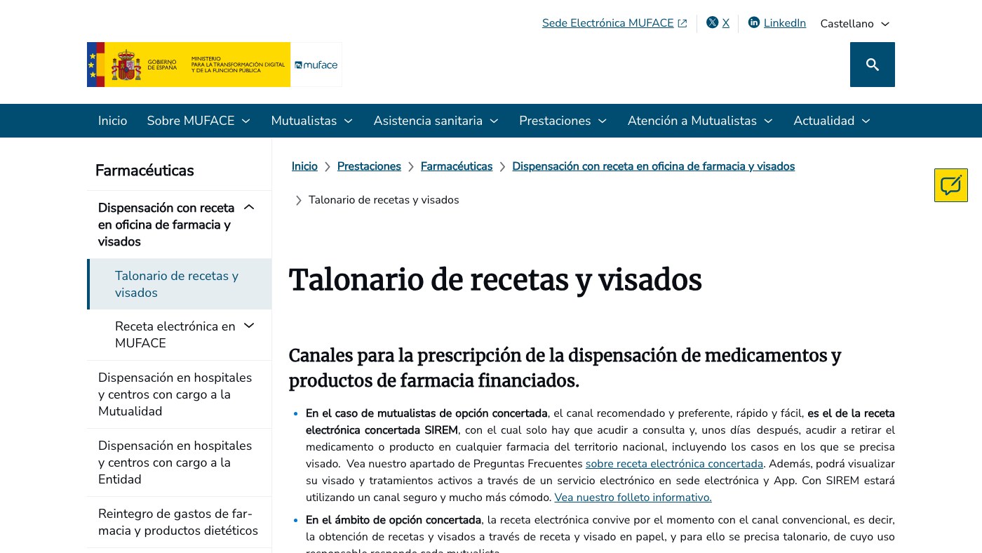 Talonario de MUFACE: página de MUFACE sobre el talonario de recetas y visados