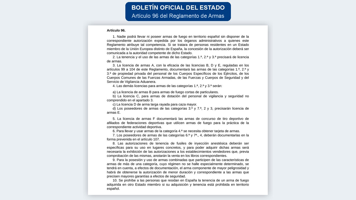 Artículo 96 del Reglamento de Armas en el BOE con los tipos de licencia