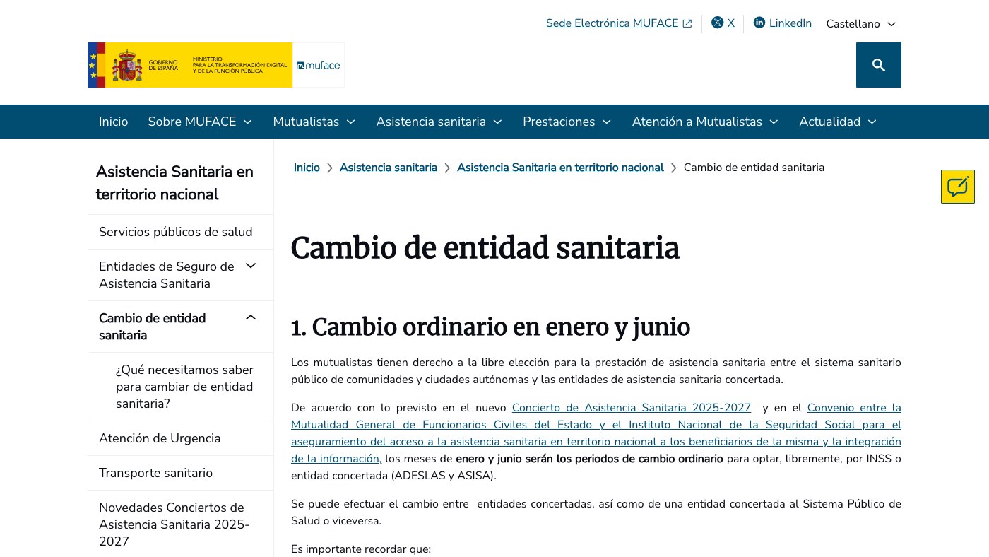Página de MUFACE sobre el cambio de entidad sanitaria