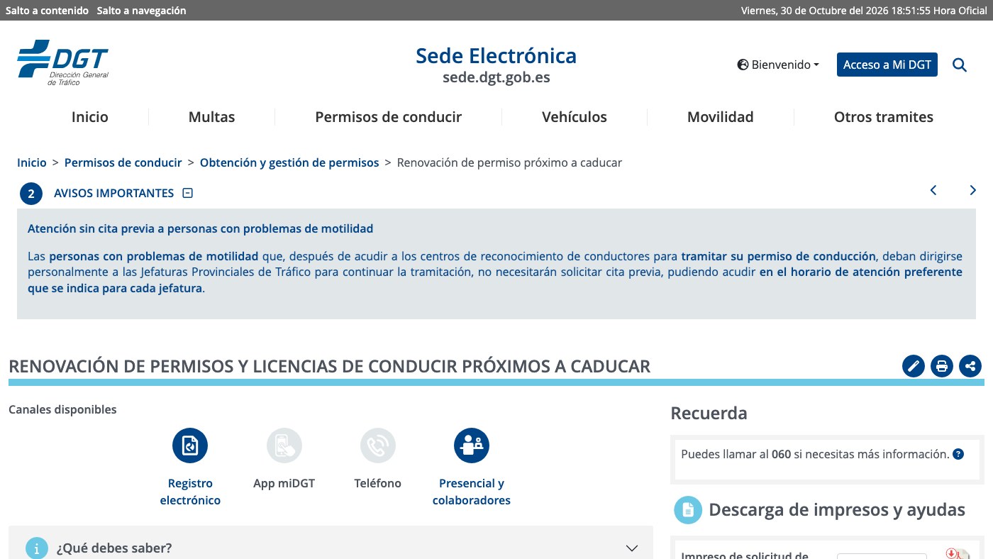 Qué necesito para renovar el carnet de conducir: página de renovación del permiso de conducir en la sede electrónica de la DGT