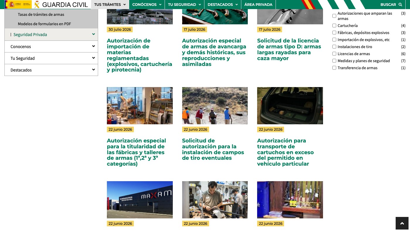 Licencia de armas tipo F: apartado de armas y explosivos en la web de la Guardia Civil