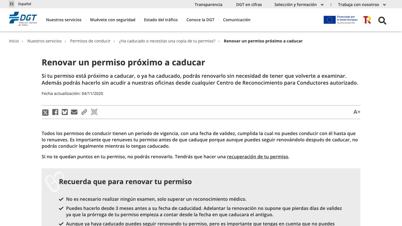 Página de la DGT sobre permisos caducados y copias