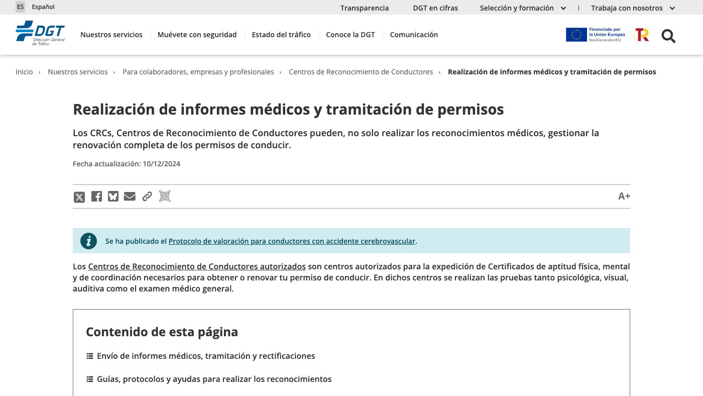 Centro de reconocimiento de conductores: página de la DGT sobre informes médicos y tramitación de permisos en los centros de reconocimiento