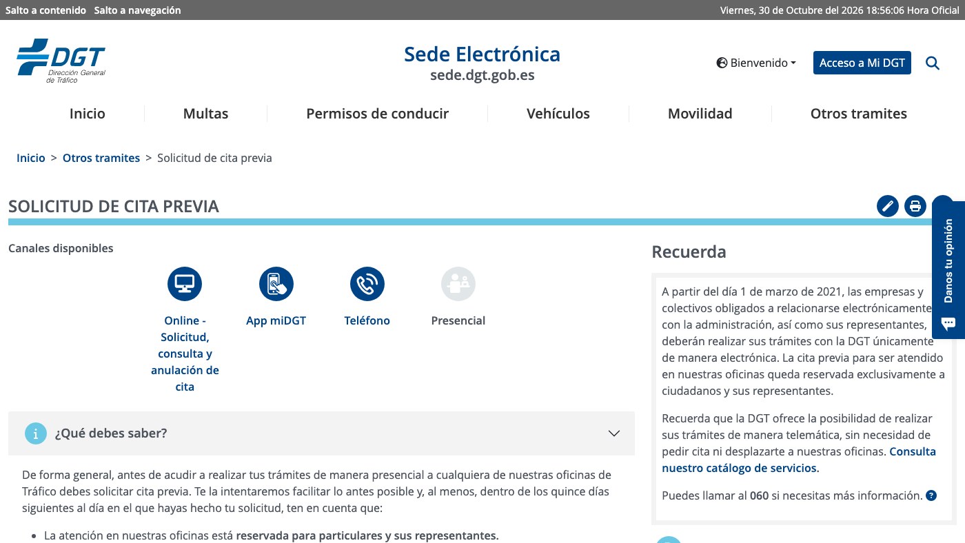 Jefatura de Tráfico de Badajoz: página de cita previa en la sede electrónica de la DGT