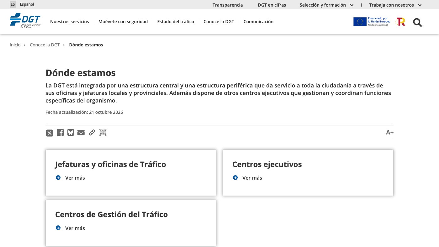 Página de la DGT «Dónde estamos» con jefaturas y oficinas de Tráfico