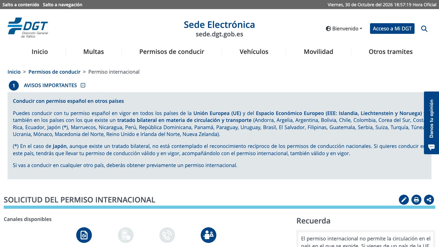 Permiso internacional de conducir: página del permiso internacional en la sede electrónica de la DGT