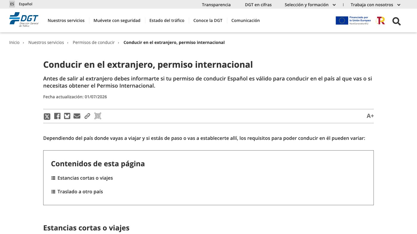 Página de la DGT sobre conducir en el extranjero y el permiso internacional