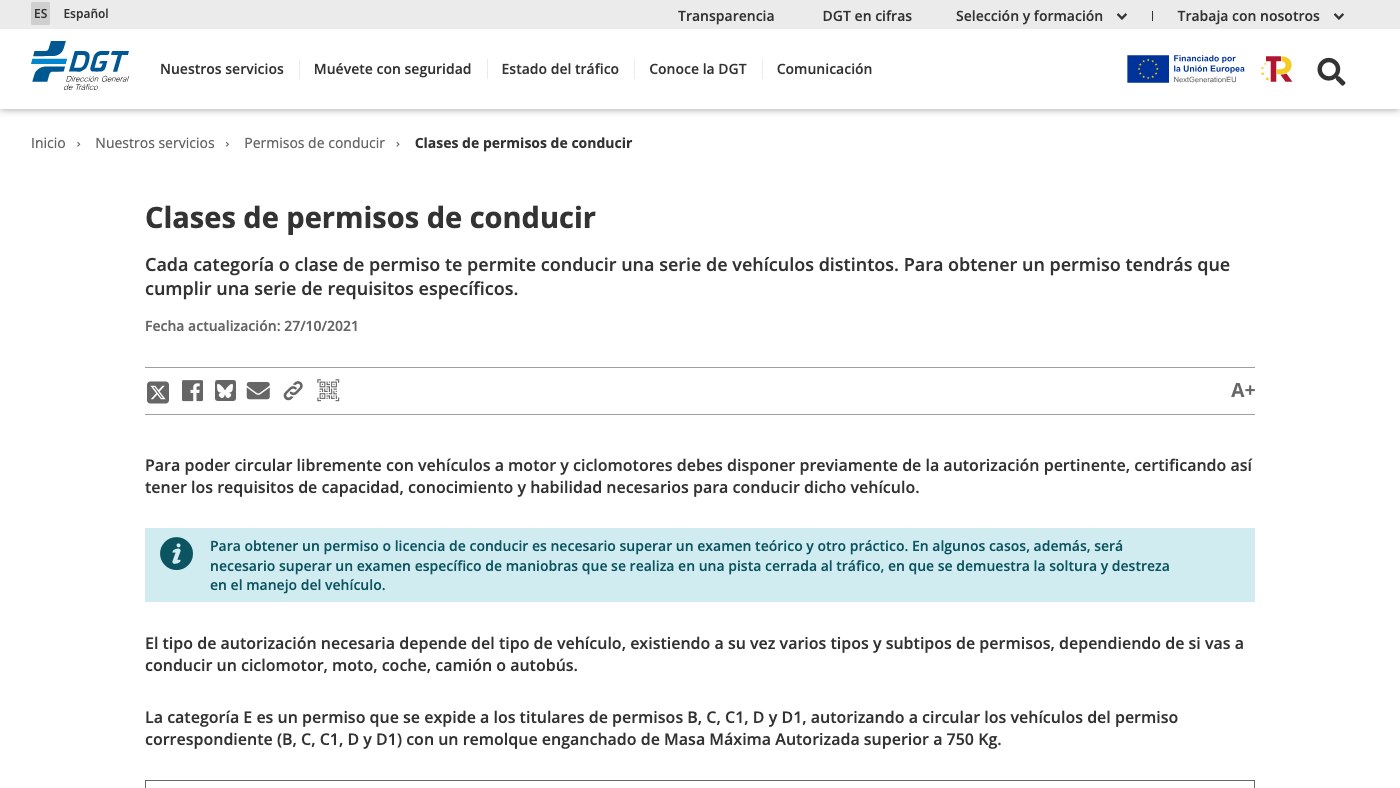 Página de la DGT con las clases de permisos de conducir