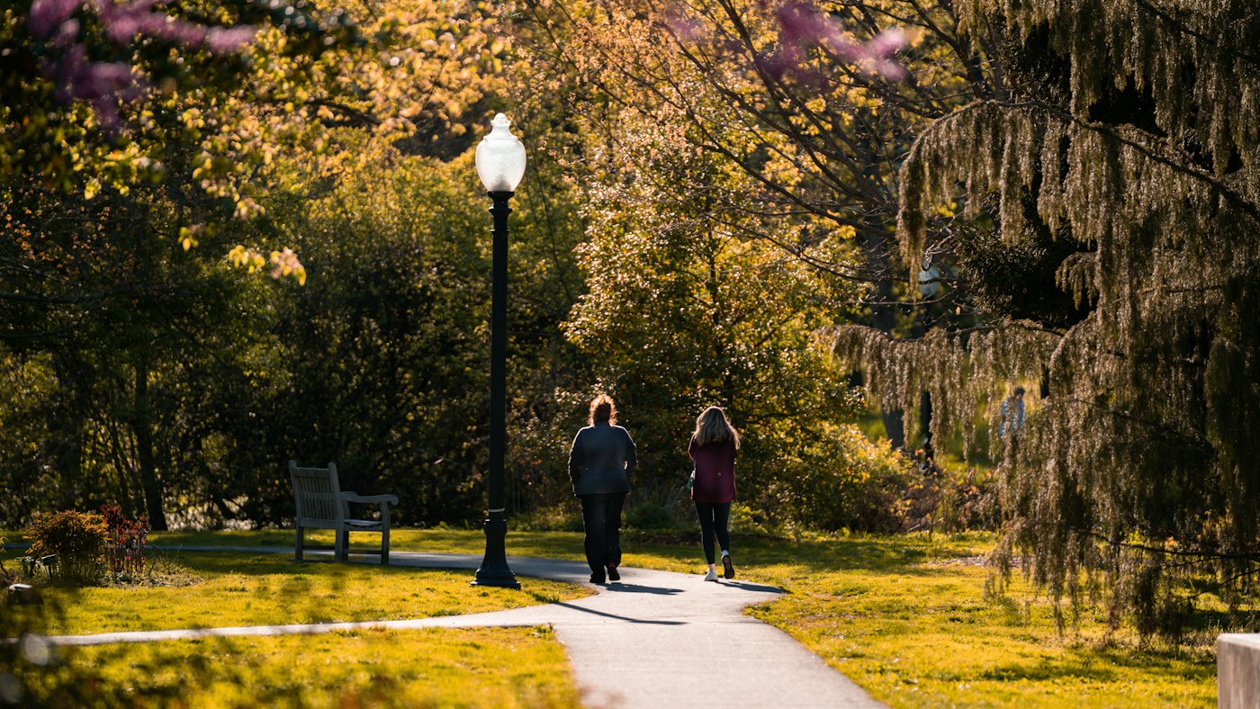 Dos personas caminando a paso rápido por un sendero de un parque al atardecer