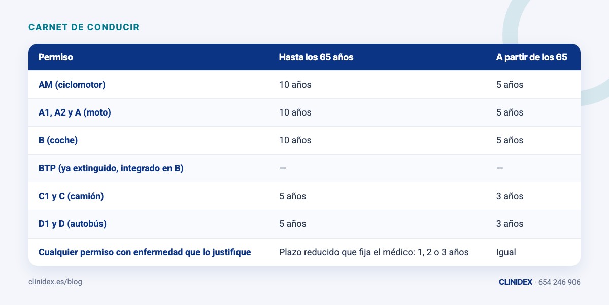 Tabla: Tabla completa de vigencias por permiso y edad. AM (ciclomotor); A1, A2 y A (moto); B (coche); BTP (ya extinguido, integrado en B); C1 y C (camión); D1 y D (autobús)